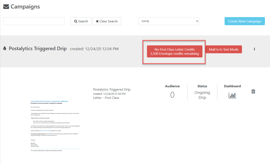 Campaign Dashboard Direct Mail Credits