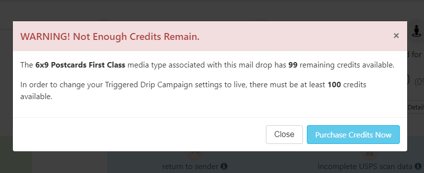 Campaign Dashboard Credits Needed Warning Pop Up