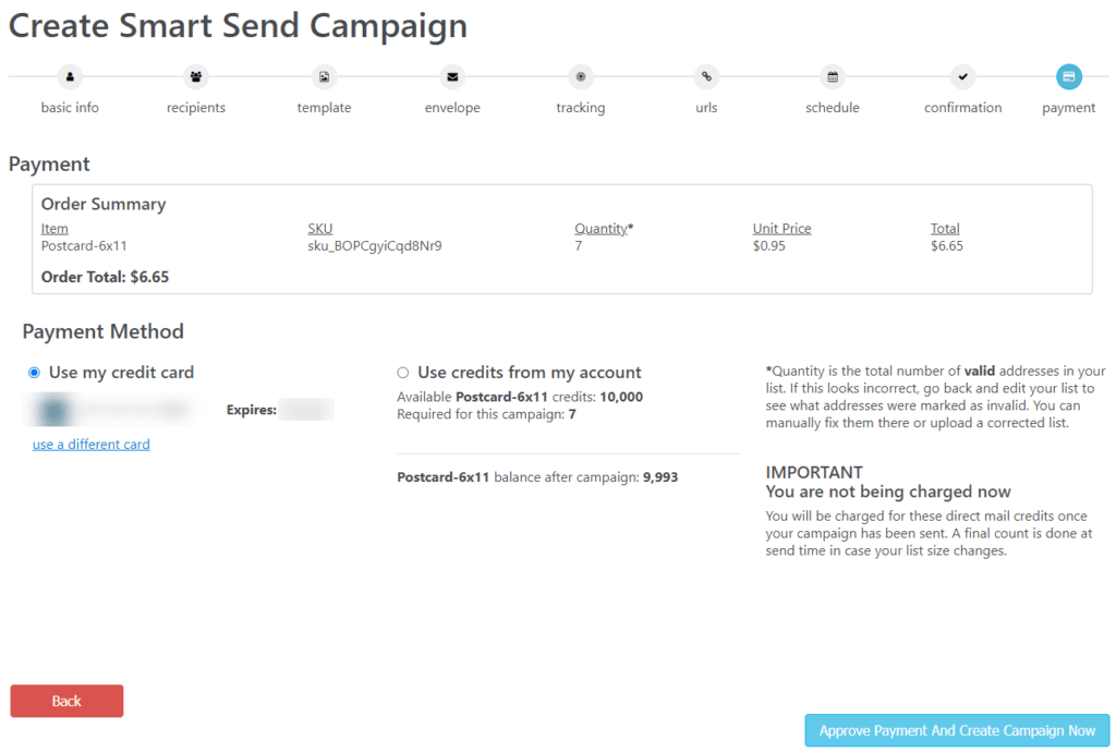 Direct Mail Credit Purchas Option Smart Send Campaign Wizard