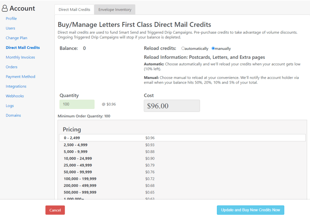Direct Mail Credits Buy Manage Page