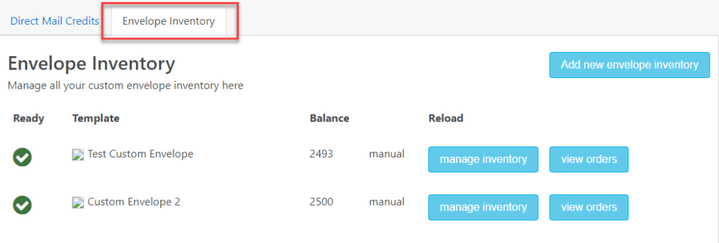 Direct Mail Credits Custom Envelope Tab Buy Manage