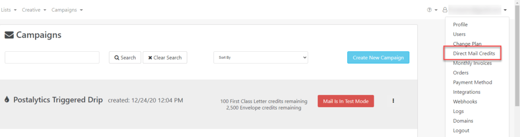 Direct Mail Credits Drop Down Username Menu Option