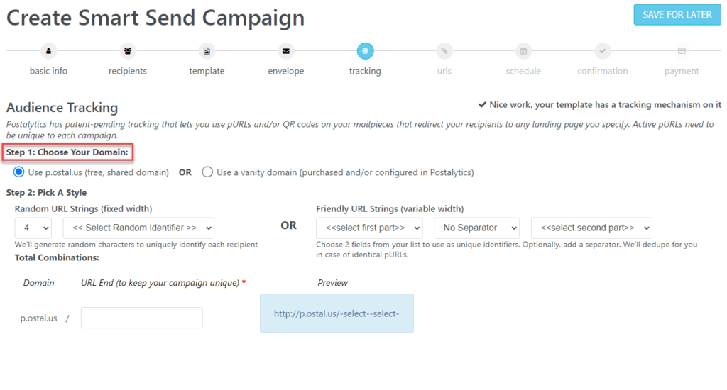 Smart Send Wizard Audience Tracking Choose Domain pURL