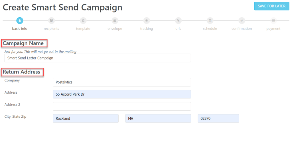 Smart Send Wizard Basic Information Name Return Address