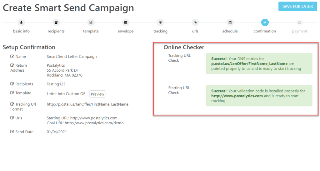 Smart Send Wizard Confirmation Page DNS URL Success