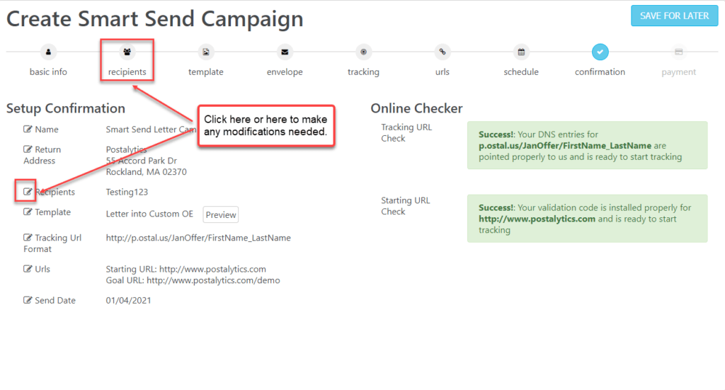 Smart Send Wizard Confirmation Page Navigate to Previous Pages for Edits