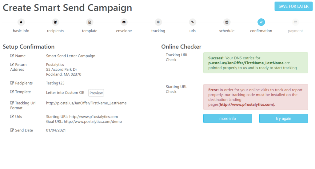 Smart Send Wizard Confirmation Page with URL Error