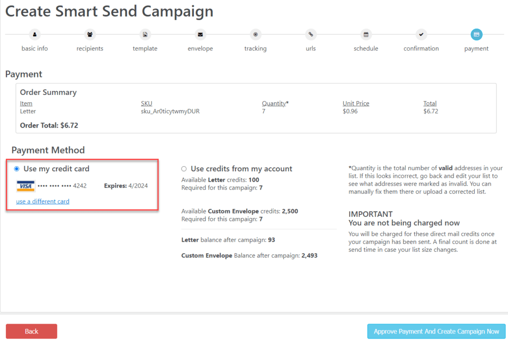 Smart Send Wizard Credit Card Payment Option