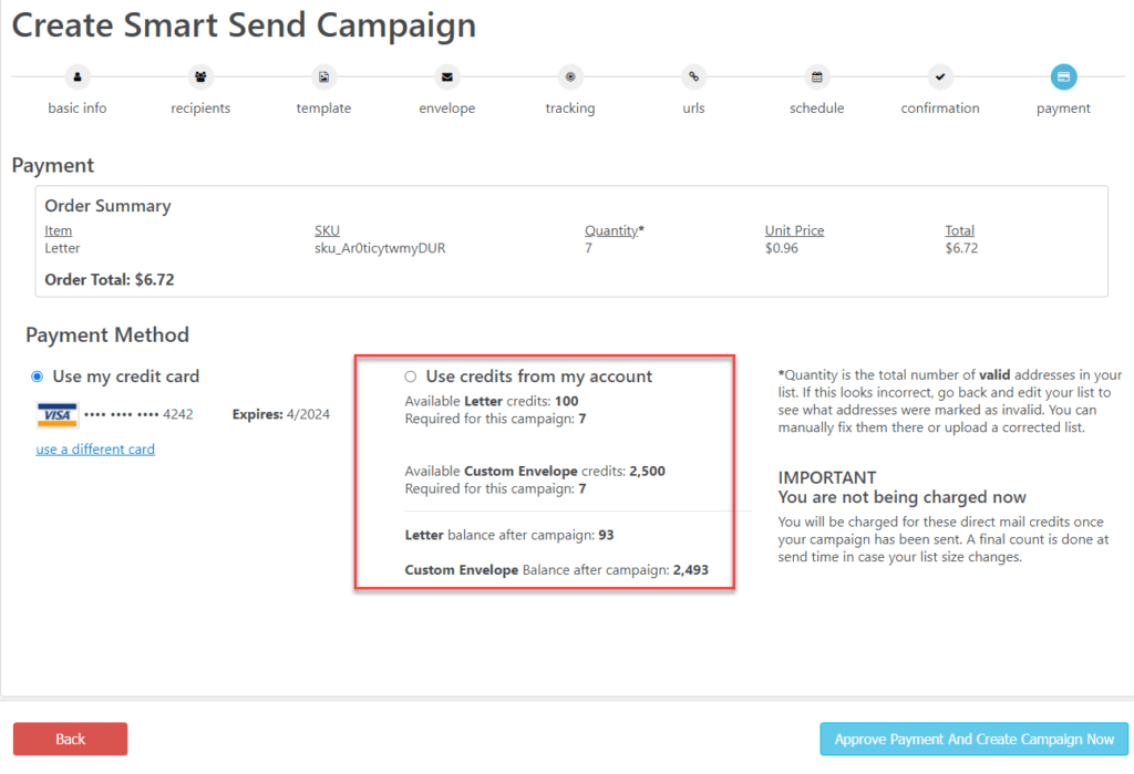 Smart Send Wizard Direct Mail Credit Payment Option
