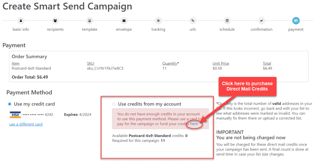Smart Send Wizard Payment Option Need to Purchase Direct Mail Credits Link