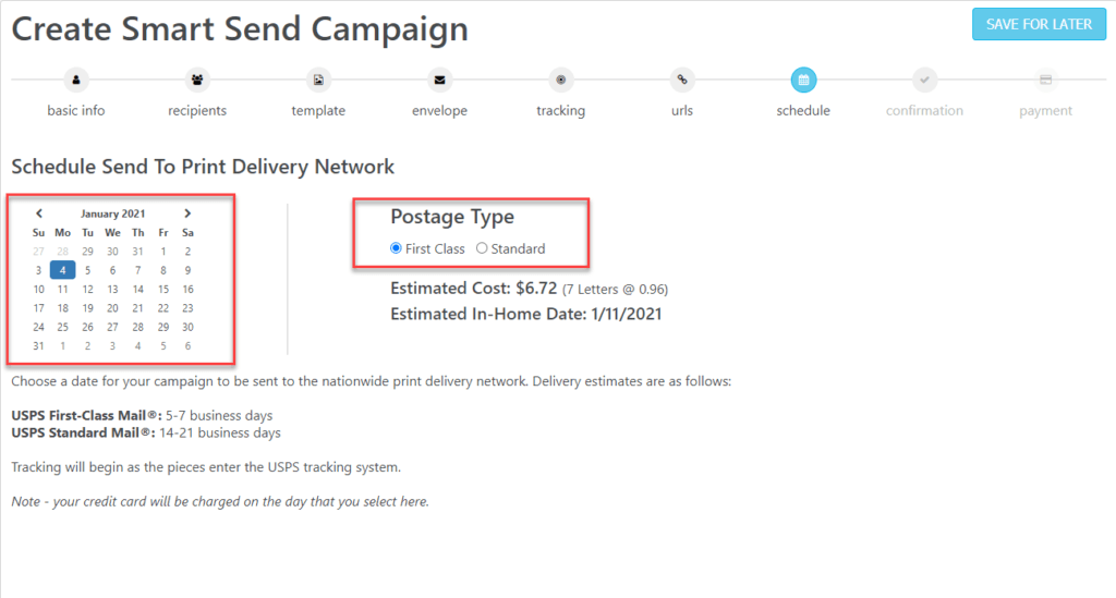 Smart Send Wizard Schedule and Postage Page