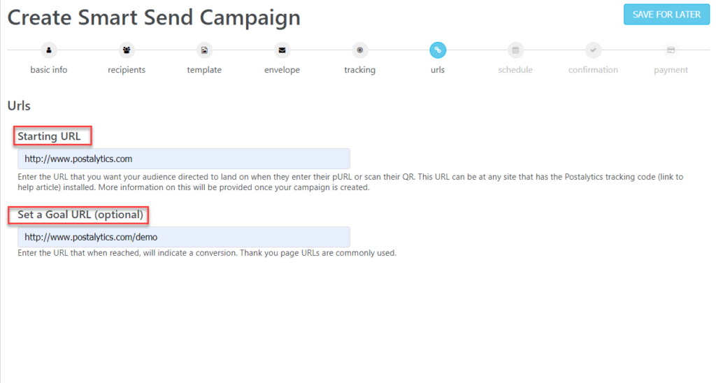 Smart Send Wizard Starting URL Goal URL Page