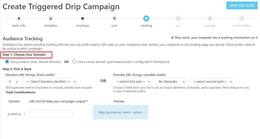 Triggered Drip Wizard Audience Tracking pURL Choose Domain
