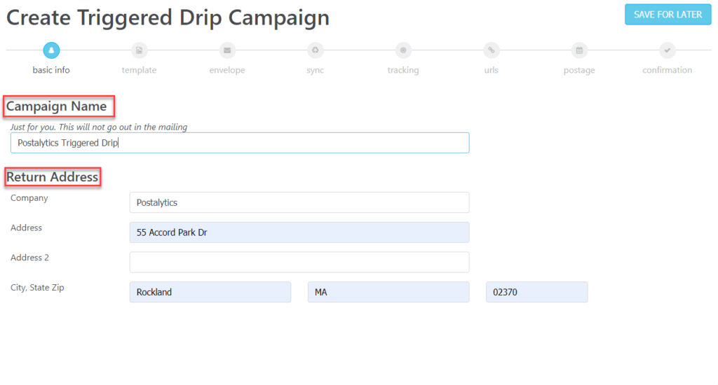 Triggered Drip Wizard Basic Information Name Address Page