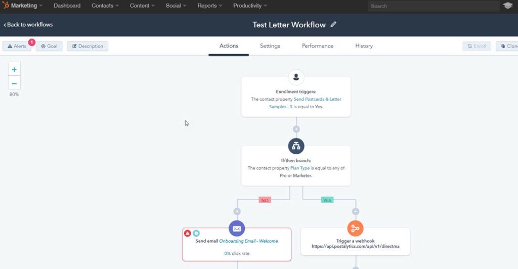 how to trigger direct mail from hubspot - sample workflow