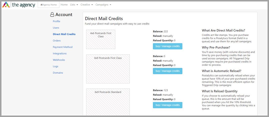 agency account direct mail credits