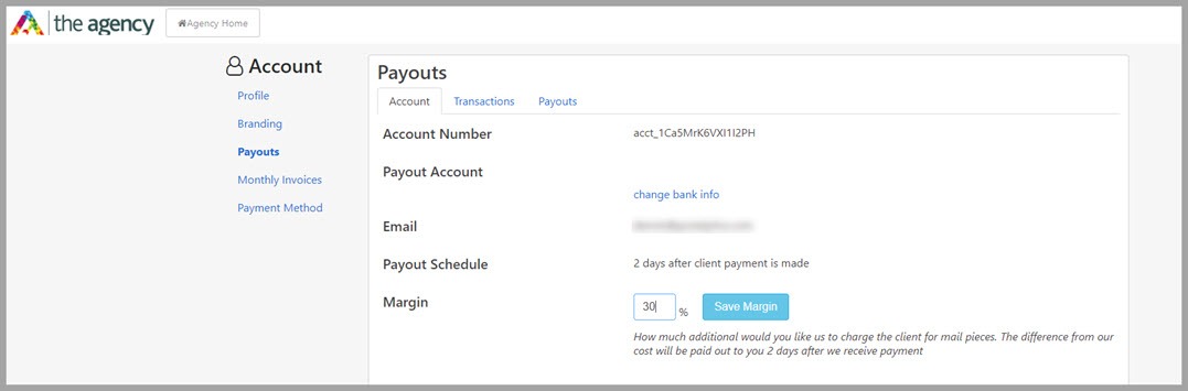 payout agency account info- postalytics agency edition