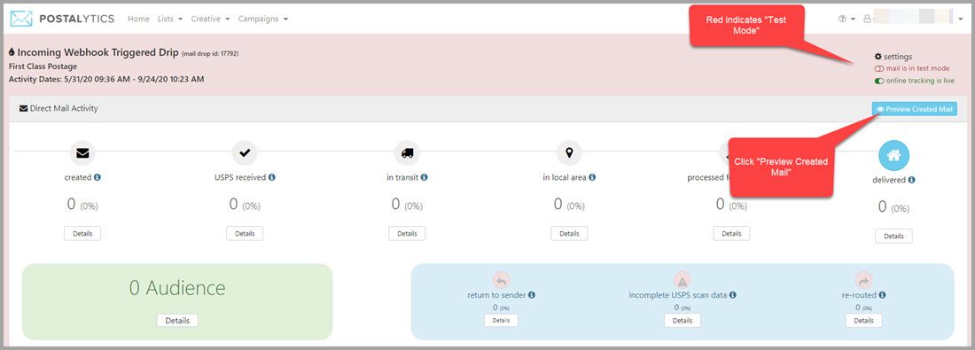 Postalytics Triggered Drip Test Mode