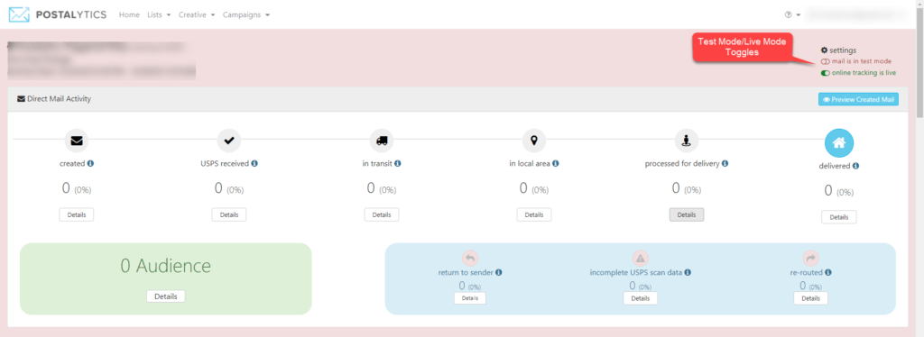 Toggle Test Mode Live Mode Postalytics Dashboard