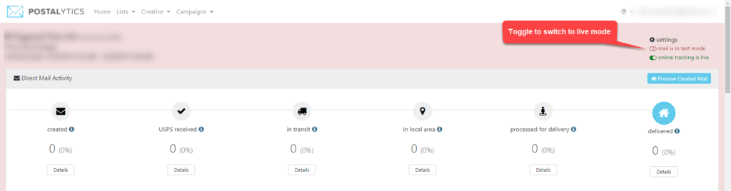 Postalytics Dashboard Live Mode Toggle