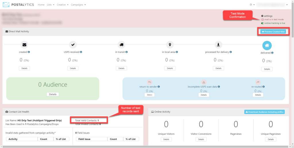 Triggered Drip Dashboard Test Preview Created Mail Toggle Mode