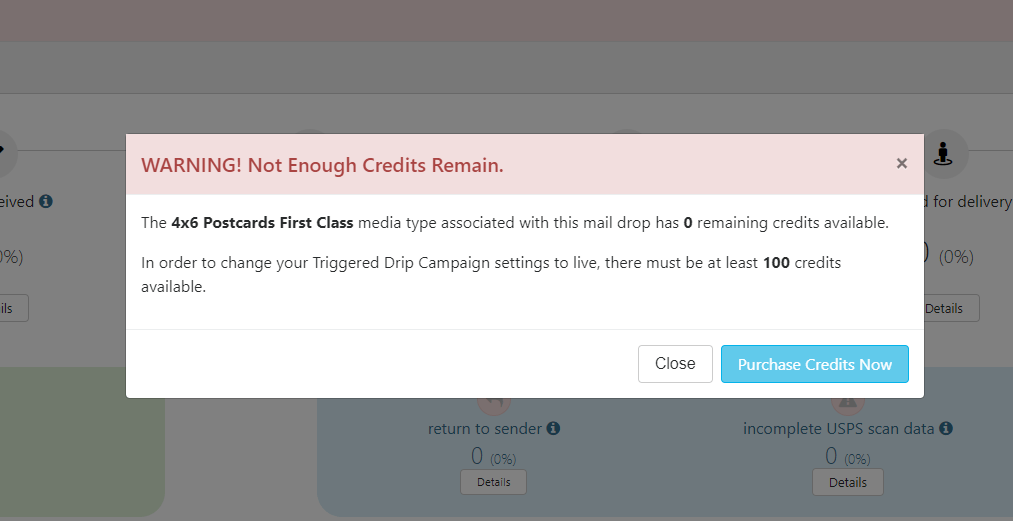 Purchase Credits Warning Pop Up Direct Mail