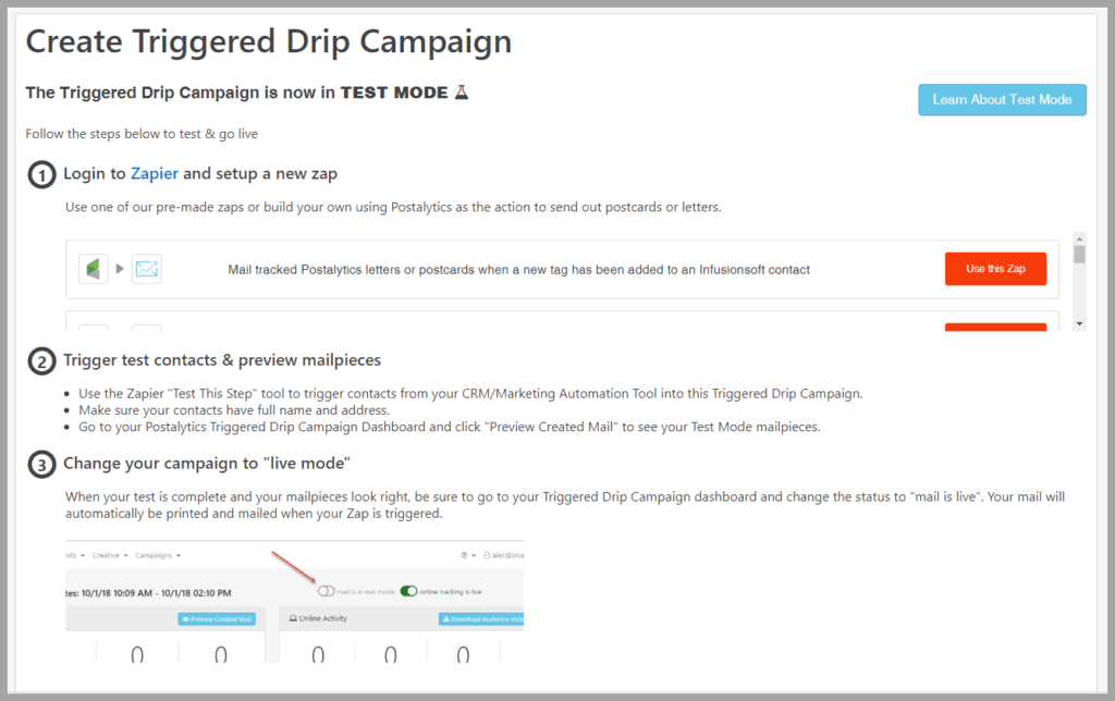 tools to personalize triggered direct mail - test mode instructions in campaign wizard
