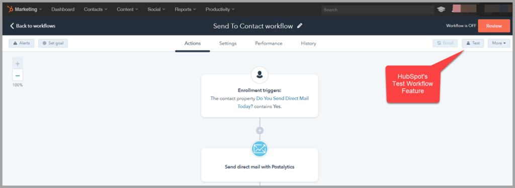 test mode - hubspot test workflow tool