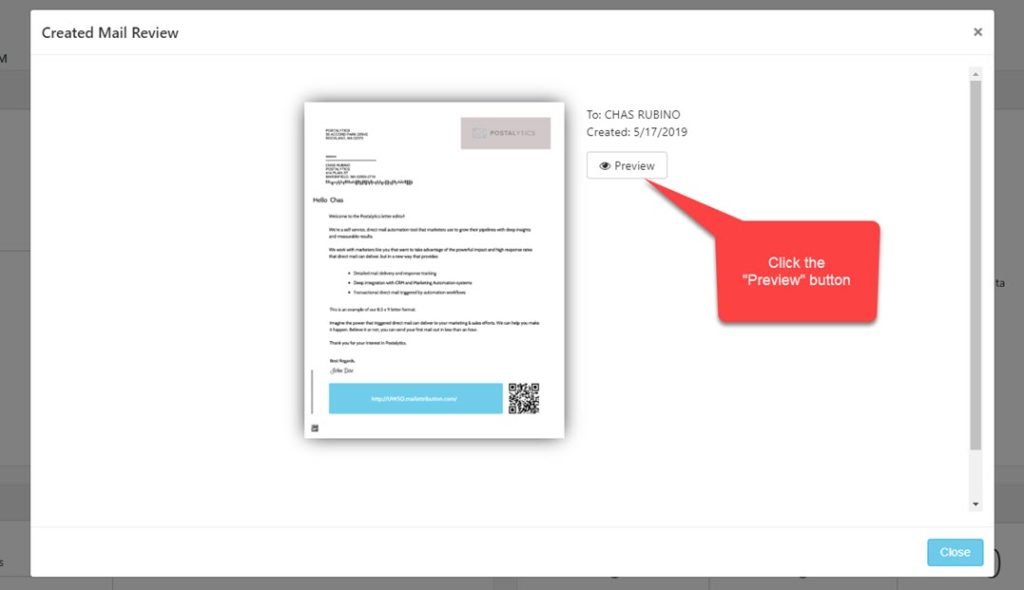 preview mail modal window in the postalytics dashboard