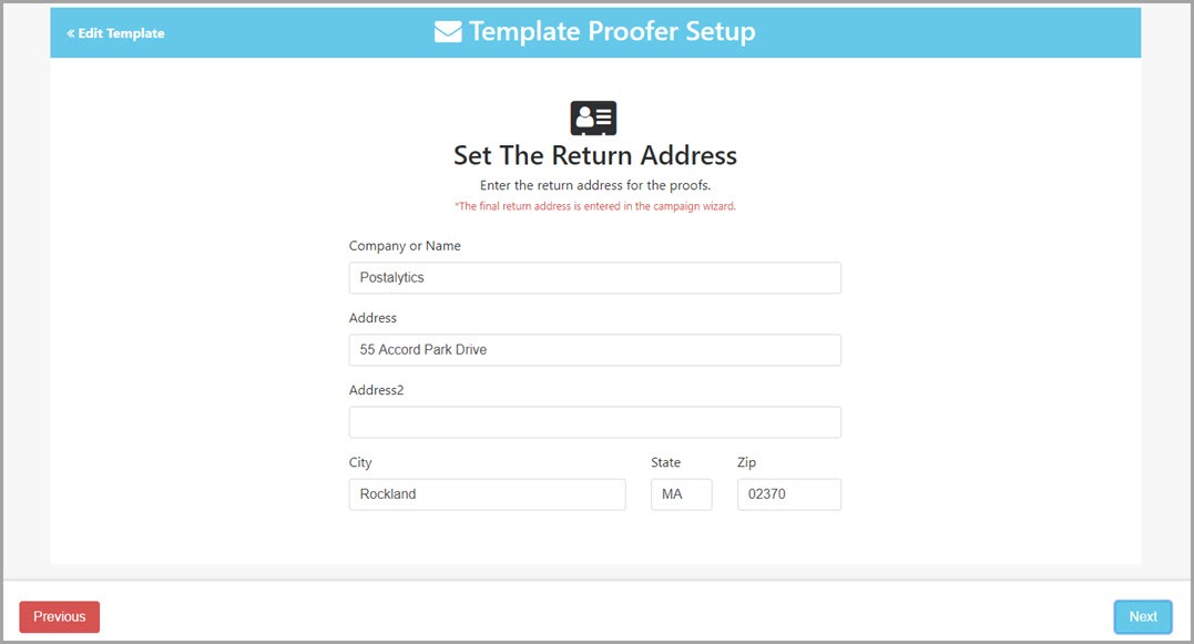 Set the return address for the direct mail proof