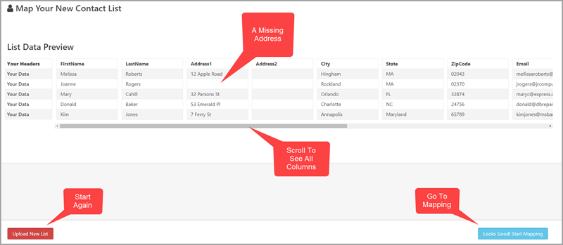 Append a direct mail list - preview mapping data