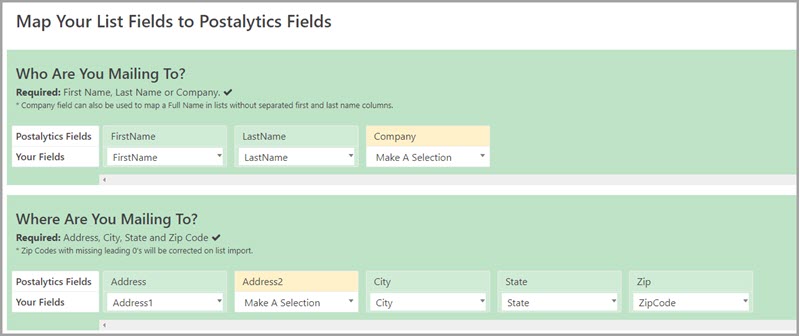Required Mapping Fields for Appending a direct mail list