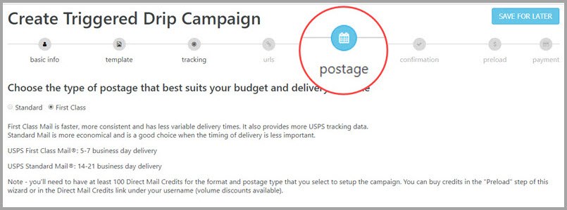 standard mail triggered drip campaigns - postage option in wizard