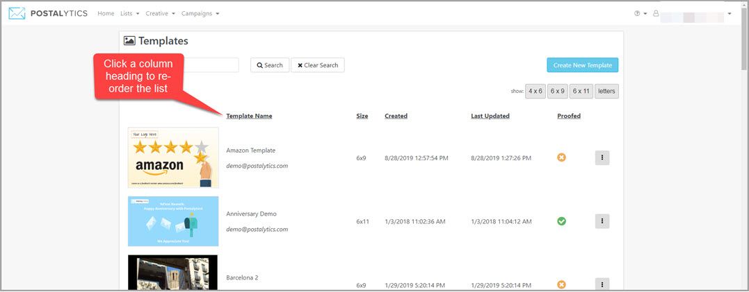 Re-order the template library listing by clicking a column heading