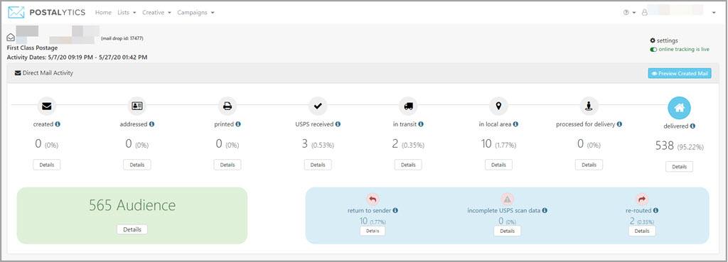 postalytics campaign dashboard top panel