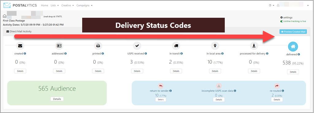 postalytics campaign dashboard top panel delivery status codes