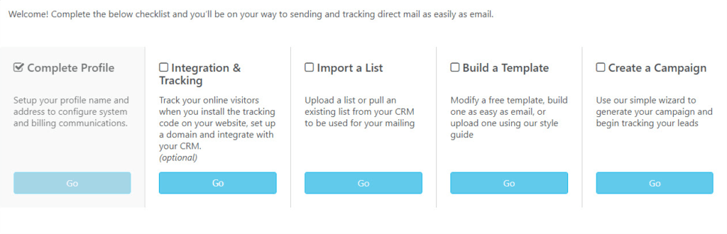 Postalytics Getting Started Menu Set Up Steps