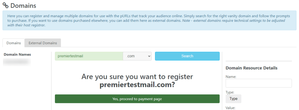 Vanity Domain Confirm Selection for Purchase