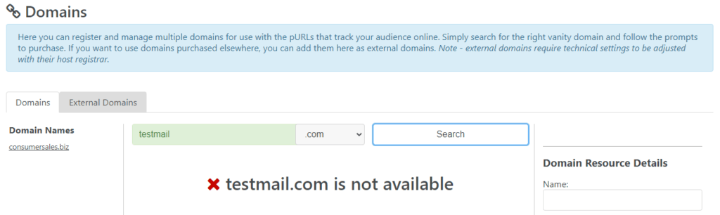 Vanity Domain Name Search Domain Already in Use Not Available