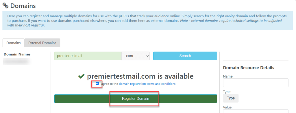 Vanity Domain Name Search Domain Available for Purchase