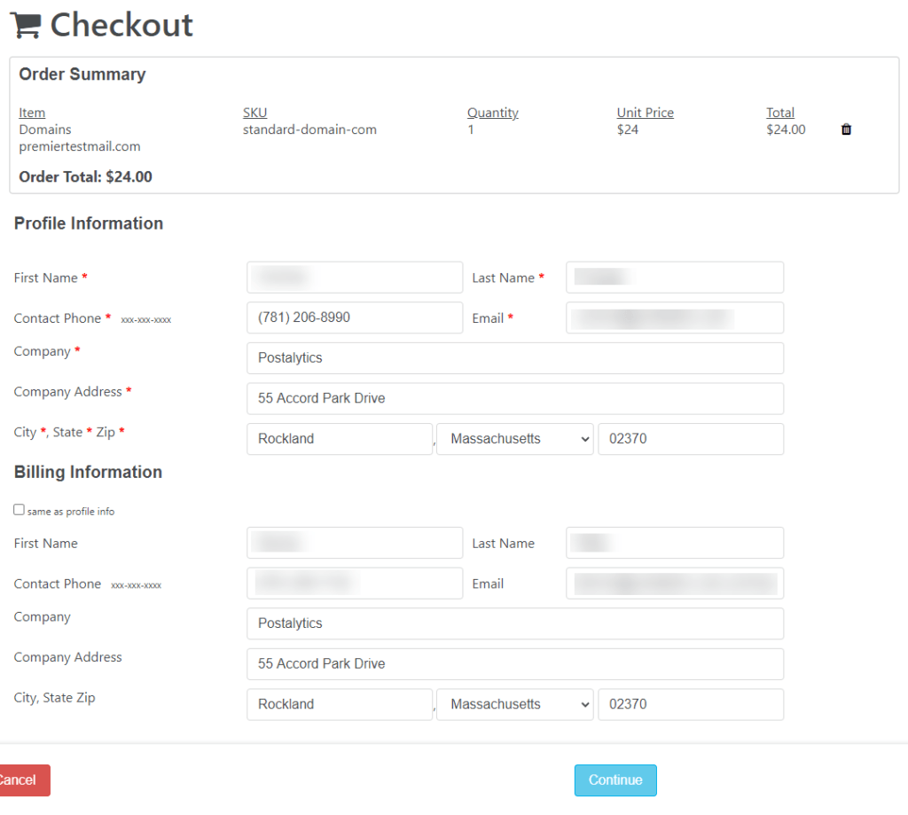 Vanity Domain Order Checkout Page