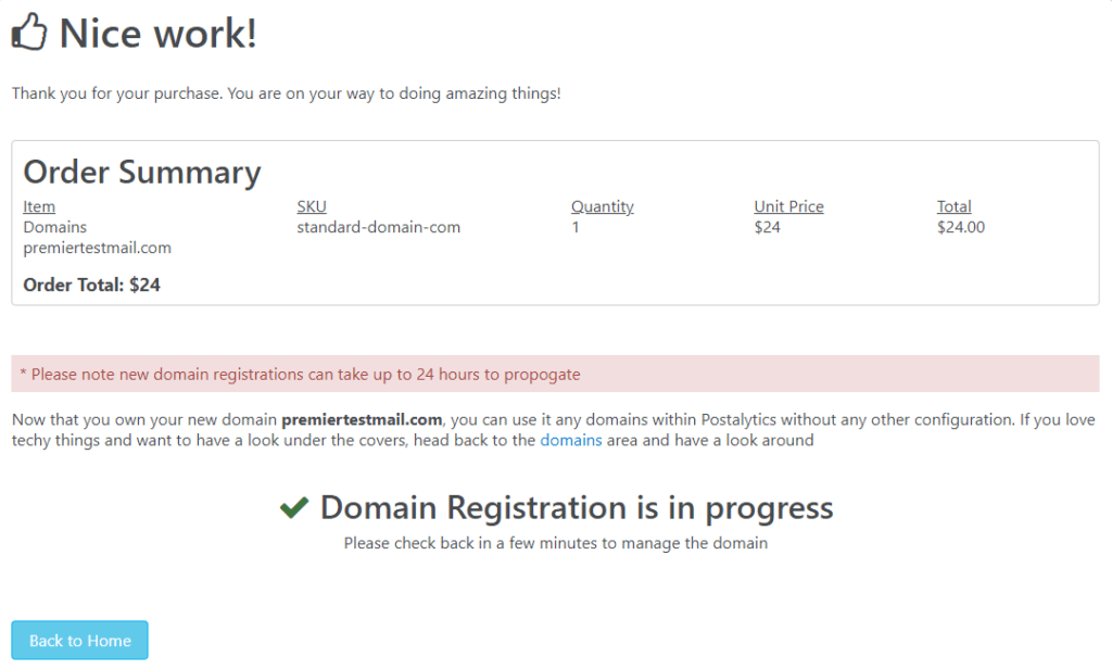 Vanity Domain Order Summary Domain Being Registered