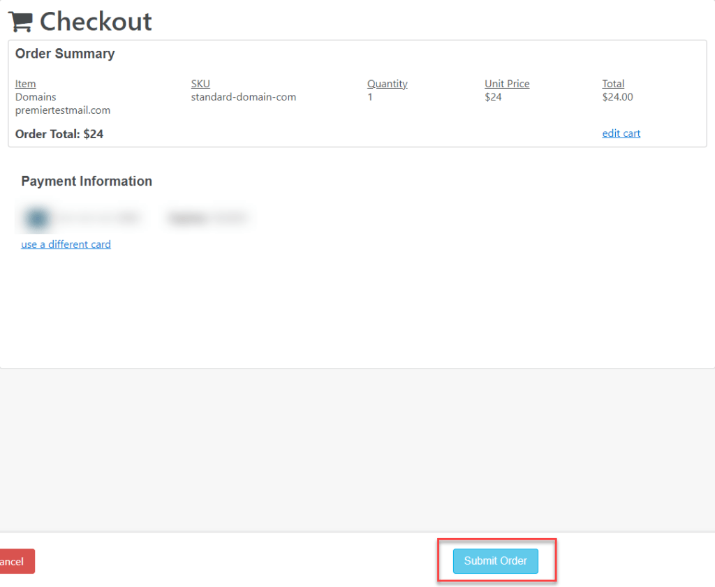 Vanity Domain Payment Option Confirmation