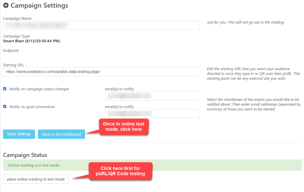 pURL QR Test Campaign Settings Test Mode Back to Dashboard