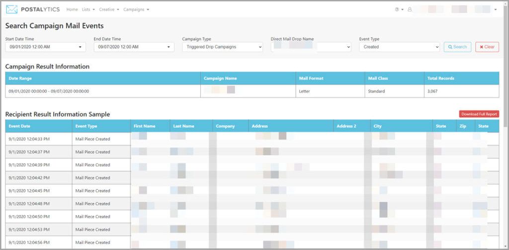 Campaign Mail Events Report - Postalytics