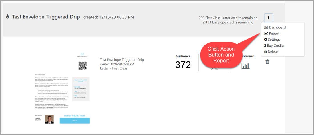 mail events report - action button Postalytics