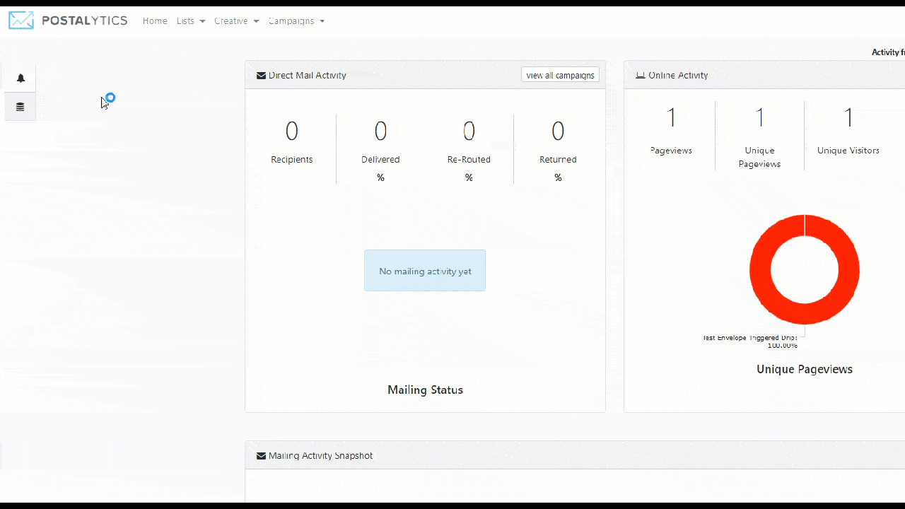 Home page notification panel - Postalytics