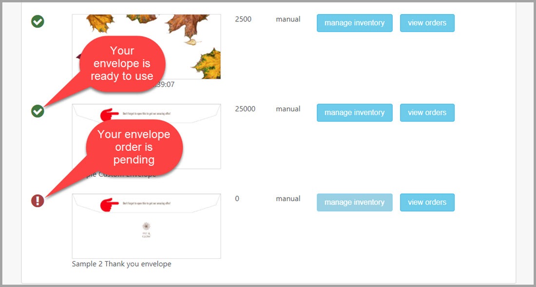 Pending status custom envelope order - Postalytics