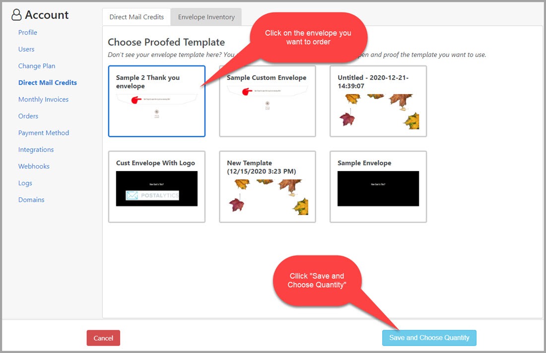 Choose template for envelope order - Postalytics