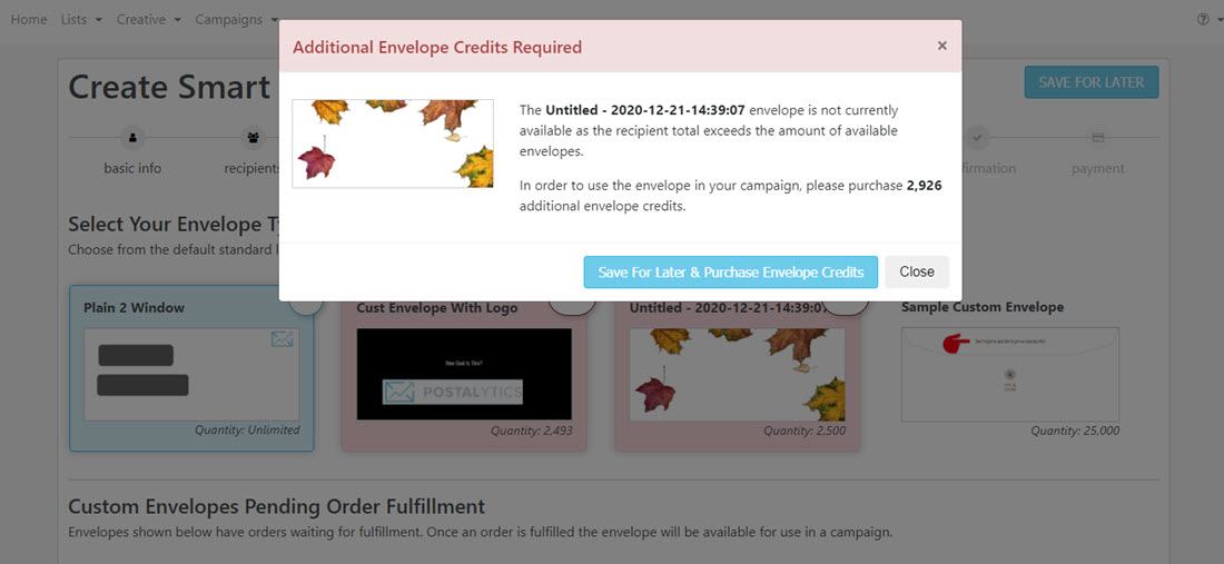 Order envelopes from campaign wizard - Postalytics